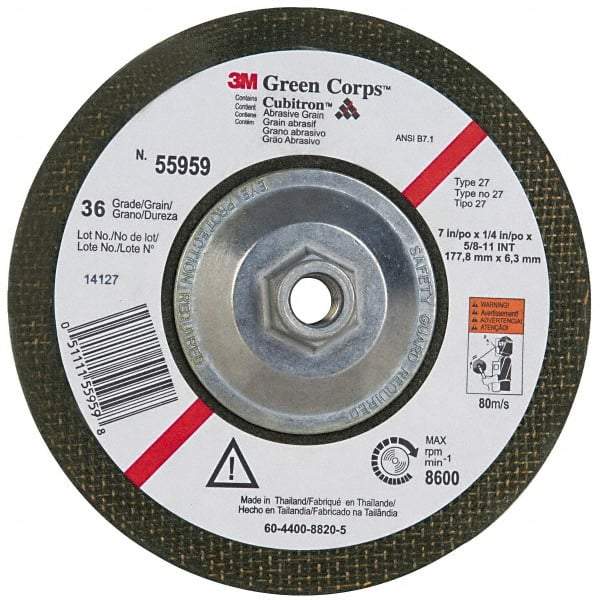 3M - 36 Grit, 7" Wheel Diam, 1/4" Wheel Thickness, Type 27 Depressed Center Wheel - Ceramic, 8,600 Max RPM, Compatible with Angle Grinder - Exact Tool & Supply