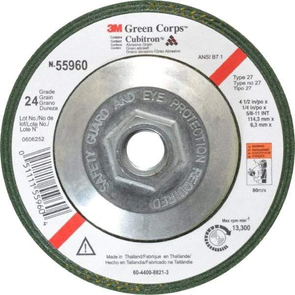 3M - 24 Grit, 4-1/2" Wheel Diam, 1/4" Wheel Thickness, Type 27 Depressed Center Wheel - Ceramic, 13,300 Max RPM, Compatible with Angle Grinder - Exact Tool & Supply