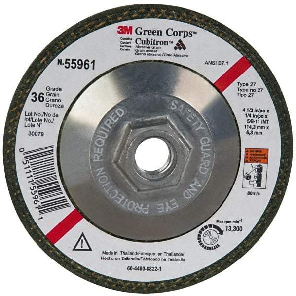 3M - 36 Grit, 4-1/2" Wheel Diam, 1/4" Wheel Thickness, Type 27 Depressed Center Wheel - Ceramic, 13,300 Max RPM, Compatible with Angle Grinder - Exact Tool & Supply