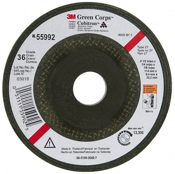 3M - 36 Grit, 4-1/2" Wheel Diam, 1/4" Wheel Thickness, 7/8" Arbor Hole, Type 27 Depressed Center Wheel - Ceramic, 13,300 Max RPM, Compatible with Angle Grinder - Exact Tool & Supply