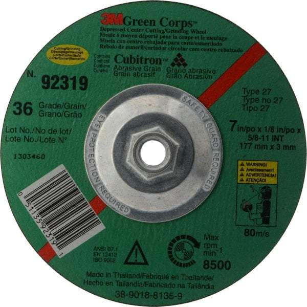 3M - 36 Grit, 7" Wheel Diam, 1/8" Wheel Thickness, Type 27 Depressed Center Wheel - Ceramic, 8,500 Max RPM, Compatible with Angle Grinder - Exact Tool & Supply