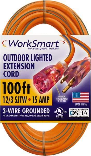 Value Collection - 100', 12/3 Gauge/Conductors, Orange/Blue Outdoor Extension Cord - 1 Receptacle, 15 Amps, UL SJTW, NEMA 5-15P - Exact Tool & Supply
