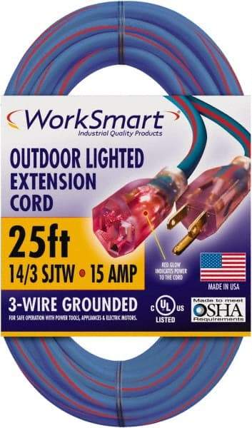 Value Collection - 25', 14/3 Gauge/Conductors, Blue/Red Outdoor Extension Cord - 1 Receptacle, 15 Amps, UL SJTW, NEMA 5-15P - Exact Tool & Supply