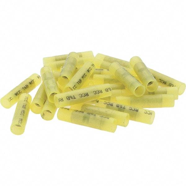 Value Collection - 12 to 10 AWG Compatible, Nylon Fully Insulated, Crimp-On Butt Splice Terminal - 2 Wire Entries, Copper Contacts, Tin Contact Plating, Yellow - Exact Tool & Supply