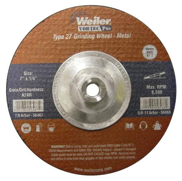 Weiler - 24 Grit, 7" Wheel Diam, 1/4" Wheel Thickness, Type 27 Depressed Center Wheel - Very Coarse Grade, Aluminum Oxide, Resinoid Bond, R Hardness, 8,500 Max RPM - Exact Tool & Supply