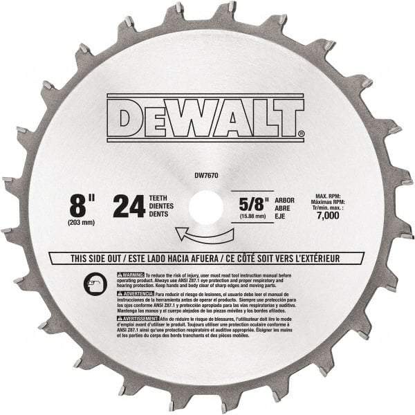 DeWALT - 8" Diam, 5/8" Arbor Hole Diam, 24 Tooth Wet & Dry Cut Saw Blade - Tungsten Carbide-Tipped, Standard Round Arbor - Exact Tool & Supply