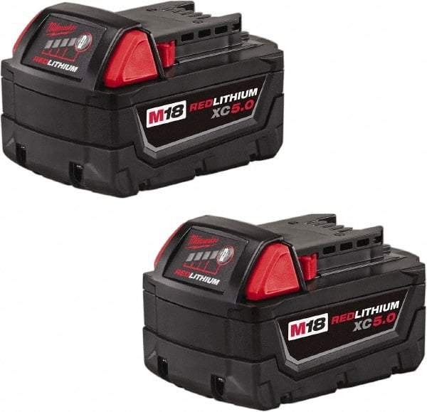 Milwaukee Tool - 18 Volt Lithium-Ion Power Tool Battery - 5 Ahr Capacity, 110 min Charge Time, Series RED LITHIUM - Exact Tool & Supply