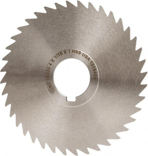 Keo - 4" Diam x 1/16" Blade Thickness x 1" Arbor Hole Diam, 40 Tooth Slitting and Slotting Saw - Arbor Connection, Right Hand, Uncoated, High Speed Steel, Concave Ground, Contains Keyway - Exact Tool & Supply