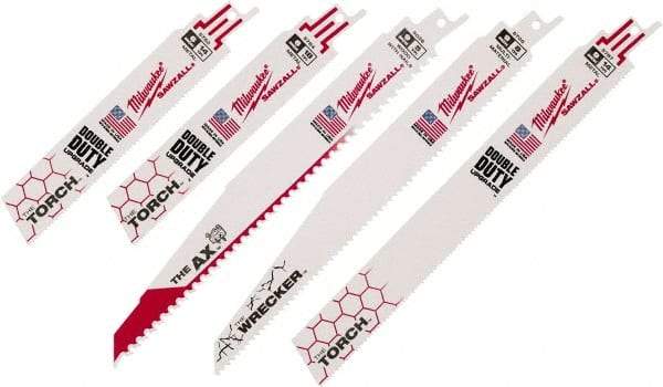 Milwaukee Tool - 6" to 9" Long x 0.04" Thick, Bi-Metal Reciprocating Saw Blade Set - Straight Profile, 5 to 18 Teeth per Inch, Toothed Edge - Exact Tool & Supply