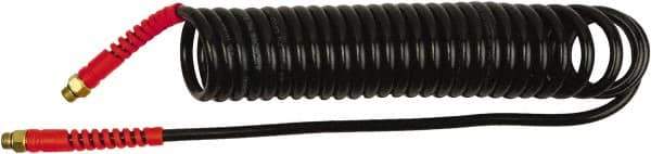 PRO-SOURCE - 1/4" ID, 1/4 Thread, 15' Long, Black Polyurethane Coiled & Self Storing Hose - 145 Max psi, Male Swivel x Male Swivel - Exact Tool & Supply