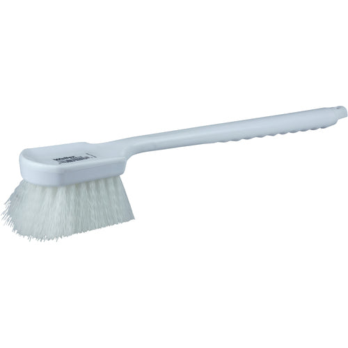 20″ Utility Scrub Brush, White Nylon Fill, Long Handle, Plastic Block - Exact Tool & Supply