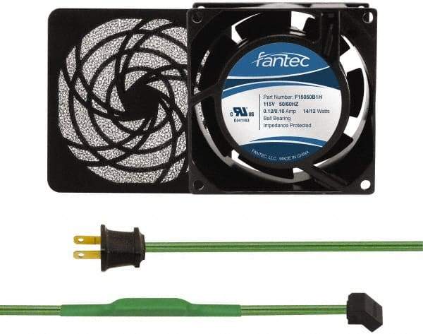 Made in USA - 115 Volts, AC, 31 CFM, Square Tube Axial Fan Kit - 0.18 Amp Rating, 3.15" High x 3" Wide x 38.5mm Deep, Includes Fan, Fan Filter, Thermostatically Controlled Fan Cord - Exact Tool & Supply