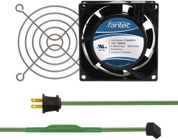 Made in USA - 115 Volts, AC, 31 CFM, Square Tube Axial Fan Kit - 0.18 Amp Rating, 3.15" High x 3" Wide x 38.5mm Deep, Includes Fan, Fan Guard, Thermostatically Controlled Fan Cord - Exact Tool & Supply
