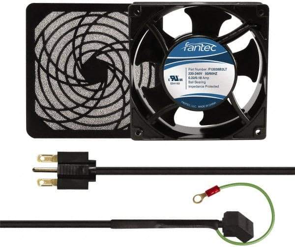 Made in USA - 230 Volts, AC, 80 CFM, Square Tube Axial Fan Kit - 0.07/0.06 Amp Rating, 120mm High x 120mm Wide x 38.5mm Deep, Includes Fan, Fan Guard, Fan Cord - Exact Tool & Supply