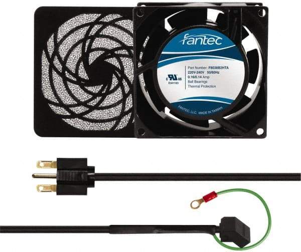 Made in USA - 230 Volts, AC, 32 CFM, Square Tube Axial Fan Kit - 0.06/0.05 Amp Rating, 3.15" High x 3" Wide x 38.5mm Deep, Includes Fan, Fan Guard, Fan Cord - Exact Tool & Supply