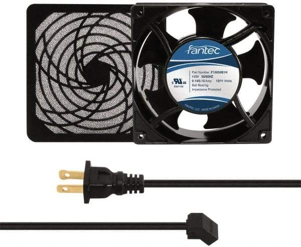 Made in USA - 115 Volts, AC, 103 CFM, Square Tube Axial Fan Kit - 0.26 Amp Rating, 120mm High x 120mm Wide x 38.5mm Deep, Includes Fan, Fan Filter, Fan Cord - Exact Tool & Supply
