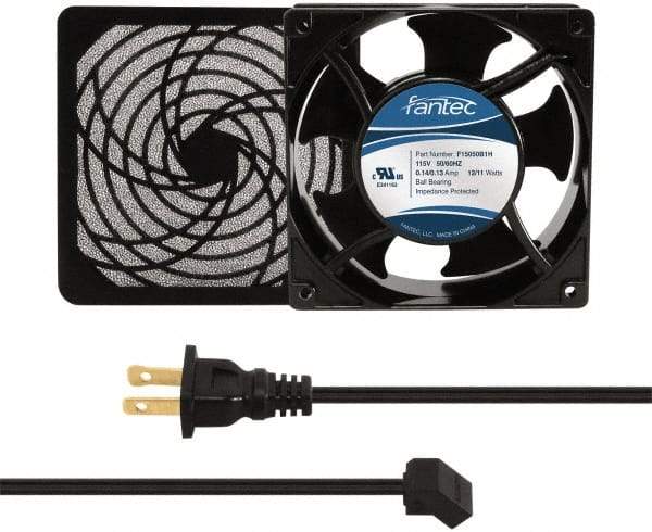 Made in USA - 115 Volts, AC, 80 CFM, Square Tube Axial Fan Kit - 0.18 Amp Rating, 120mm High x 120mm Wide x 38.5mm Deep, Includes Fan, Fan Filter, Fan Cord - Exact Tool & Supply