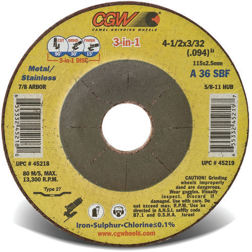 6″ × 3/32 (.094)" × 5/8″ 11 - A36S - Cut /Grind Combo Type 27 Depressed Center Wheel 3 in 1 Cut-Grind-Finish