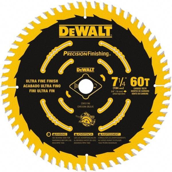 DeWALT - 7-1/4" Diam, 5/8" Arbor Hole Diam, 60 Tooth Wet & Dry Cut Saw Blade - Carbide-Tipped, Diamond Arbor - Exact Tool & Supply