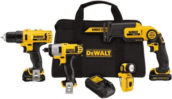 DeWALT - 12 Volt Cordless Tool Combination Kit - Includes 3/8" Drill/Driver, 1/4" Impact Driver, Pivot Reciprocating Saw & LED Worklight, Lithium-Ion Battery Included - Exact Tool & Supply