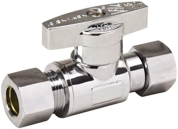 Value Collection - Female Compression 3/8 Inlet, 125 Max psi, Chrome Finish, Brass Water Supply Stop Valve - 3/8 Compression Outlet, Straight, Chrome Handle, For Use with Any Water Supply Shut Off Application - Exact Tool & Supply