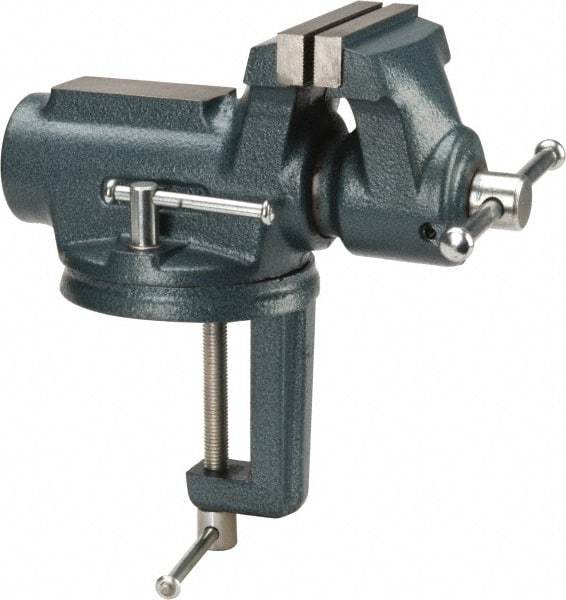 Wilton - 4" Jaw Width, 2-1/4" Opening Capacity, 2" Throat Depth, Steel Swivel Bench Vise - Clamp-On Base Attachment, 10" Long x 5.4" Wide x 10.1" High - Exact Tool & Supply