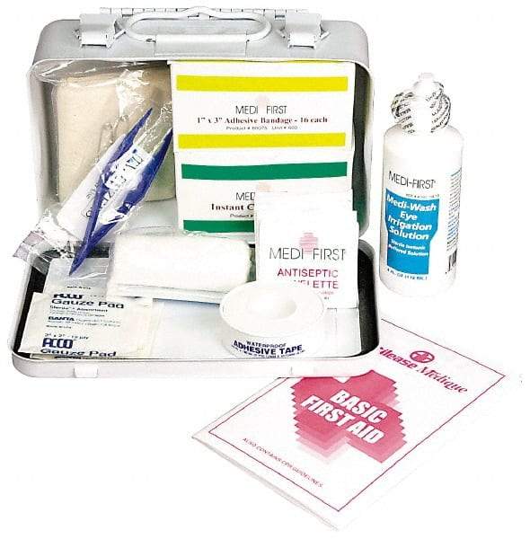 Medique - 52 Piece, 5 Person, Multipurpose/Auto/Travel First Aid Kit - 7-3/4" Wide x 2-3/4" Deep x 4-3/4" High, Metal Case - Exact Tool & Supply