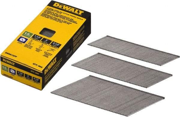 DeWALT - 15 Gauge 2-1/2" Long Finishing Nails for Power Nailers - Steel, Bright Finish, Smooth Shank, Angled Stick Collation, Round Head, Chisel Point - Exact Tool & Supply