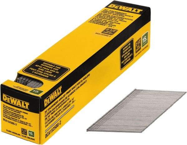 DeWALT - 15 Gauge 2-1/2" Long Finishing Nails for Power Nailers - Steel, Galvanized Finish, Smooth Shank, Angled Stick Collation, Round Head, Chisel Point - Exact Tool & Supply