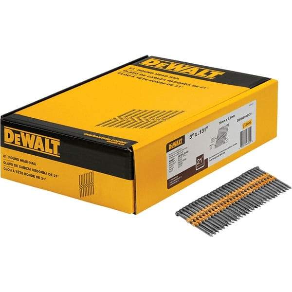 DeWALT - 9 Gauge 3" Long Framing Nails for Power Nailers - Steel, Bright Finish, Smooth Shank, Angled Stick Collation, Round Head - Exact Tool & Supply