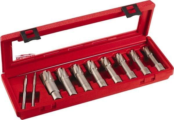Milwaukee Tool - 8 Piece, 9/16 to 1-1/16" Cutter Diam, 2" Cutting Depth, Carbide-Tipped Annular Cutter Set - 9/16, 5/8, 11/16, 3/4, 13/16, 7/8, 15/16, 1-1/16" Cutter Diam - Exact Tool & Supply