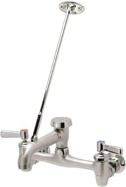 Zurn - Vacuum Breaker Spout With Pail Hook And Wall Brace, Two Handle, Rough Chrome Wall Mount, Industrial Service Sink Faucet - Lever Handle - Exact Tool & Supply