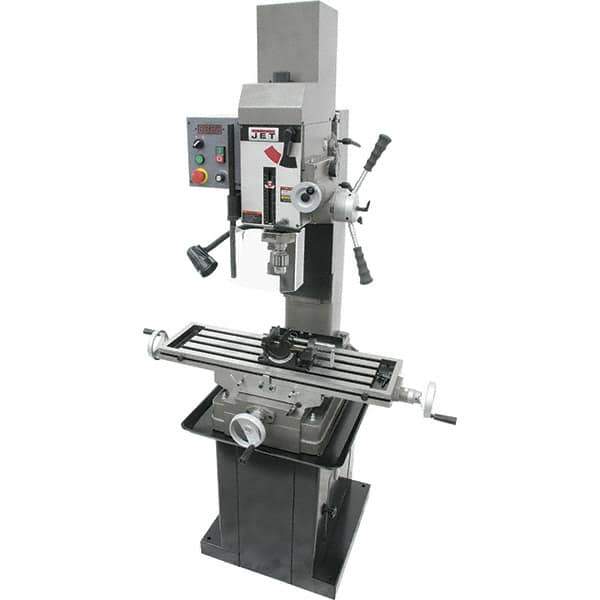 Jet - 3 Phase, 19-11/16" Swing, Geared Head Mill Drill Combination - 32-1/4" Table Length x 9-1/2" Table Width, 20-1/2" Longitudinal Travel, 8-1/4" Cross Travel, Variable Spindle Speeds, 1.5 hp, 230 Volts - Exact Tool & Supply