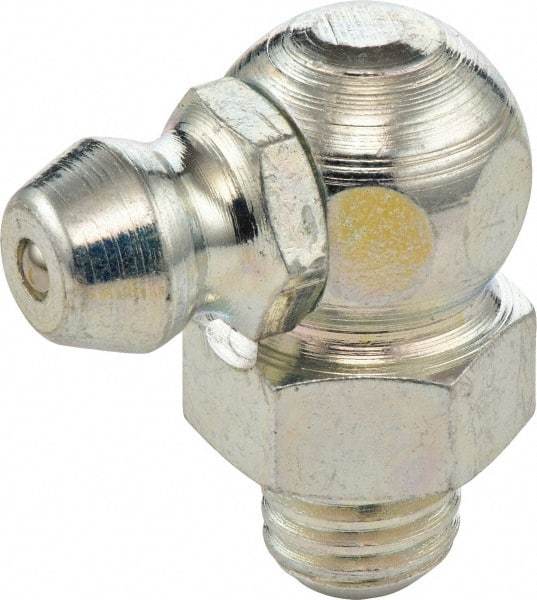 Umeta - 90° Head Angle, M8x1.25 Metric Stainless Steel Standard Grease Fitting - 9mm Hex, 18mm Overall Height, 5.5mm Shank Length - Exact Tool & Supply