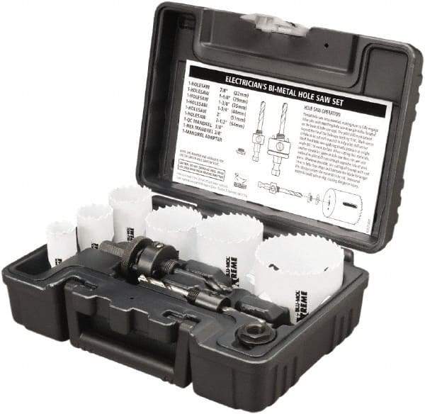 Disston - 9 Piece, 7/8" to 2-1/2" Saw Diam, Electrician's Hole Saw Kit - Bi-Metal, Toothed Edge, Pilot Drill Model No. E0102457, Includes 6 Hole Saws - Exact Tool & Supply