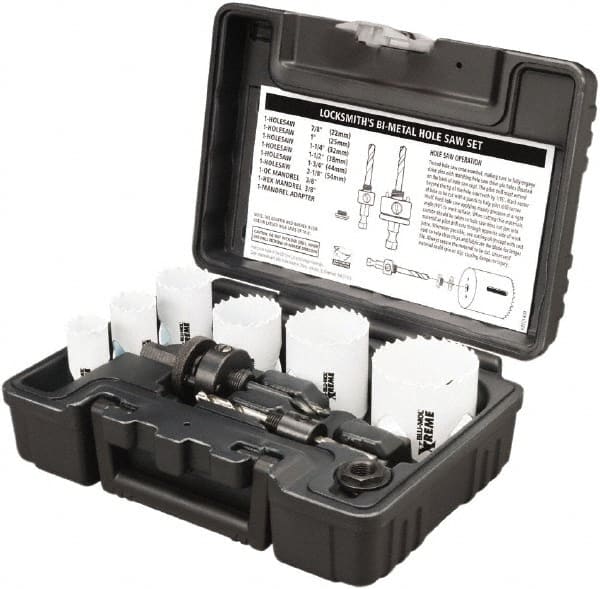 Disston - 7 Piece, 7/8" to 1-1/2" Saw Diam, General Purpose Hole Saw Kit - Bi-Metal, Toothed Edge, Pilot Drill Model No. E0102457, Includes 5 Hole Saws - Exact Tool & Supply