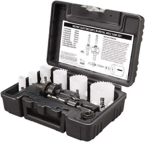 Disston - 9 Piece, 16mm to 51" Saw Diam, Electrician's Hole Saw Kit - Bi-Metal, Toothed Edge, Pilot Drill Model No. E0102457, Includes 6 Hole Saws - Exact Tool & Supply