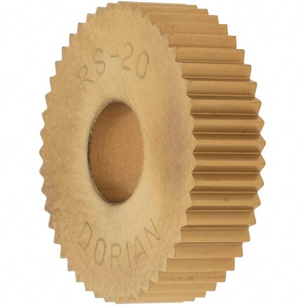 Dorian Tool - 3/4" Diam, 90° Tooth Angle, 20 TPI, Standard (Shape), Cut Type High Speed Steel Straight Knurl Wheel - 5mm Face Width, 1/4" Hole, Circular Pitch, TiN Finish, Series R - Exact Tool & Supply