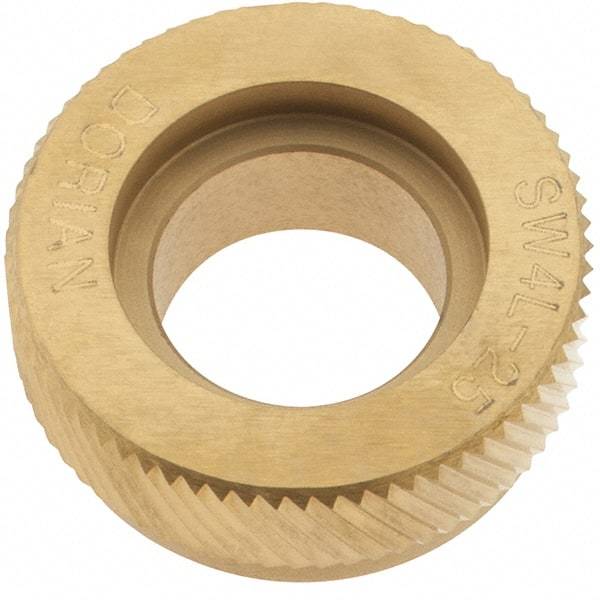 Dorian Tool - 1" Diam, 90° Tooth Angle, 25 TPI, Beveled Face, Form Type High Speed Steel Left-Hand Diagonal Knurl Wheel - 1/4" Face Width, 1/2" Hole, Circular Pitch, 30° Helix, TiN Finish, Series SW4 - Exact Tool & Supply