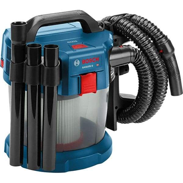 Bosch - 2.6 Gal Plastic Tank, Battery Powered Wet/Dry Vacuum - 18 Volt, 6.3 Amps, 5-1/4' Hose Fitting, Cordless - Exact Tool & Supply
