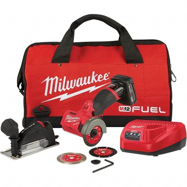 Milwaukee Tool - 3" Wheel Diam, 20,000 RPM, Cordless Cutoff & Cutoff-Grinder Tool - Trigger Handle, 12 Volt, Battery Included - Exact Tool & Supply