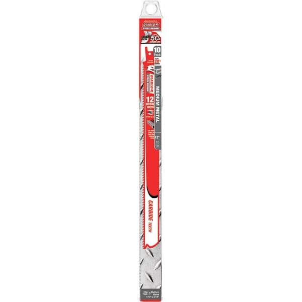 Freud - 12" Long x 1" Thick, Carbide Reciprocating Saw Blade - Straight Profile, 10 TPI, Toothed Edge, Tang Shank - Exact Tool & Supply
