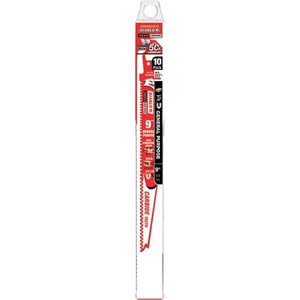 Freud - 9" Long x 1" Thick, Carbide Reciprocating Saw Blade - Tapered Profile, 9 TPI, Toothed Edge, Tang Shank - Exact Tool & Supply