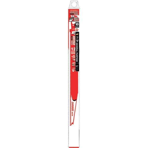 Freud - 12" Long x 1" Thick, Carbide Reciprocating Saw Blade - Tapered Profile, 9 TPI, Toothed Edge, Tang Shank - Exact Tool & Supply