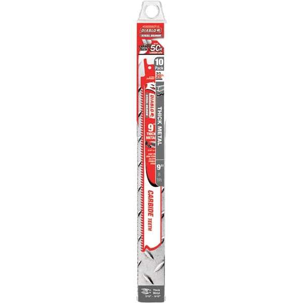 Freud - 9" Long x 1" Thick, Carbide Reciprocating Saw Blade - Straight Profile, 8 TPI, Toothed Edge, Tang Shank - Exact Tool & Supply