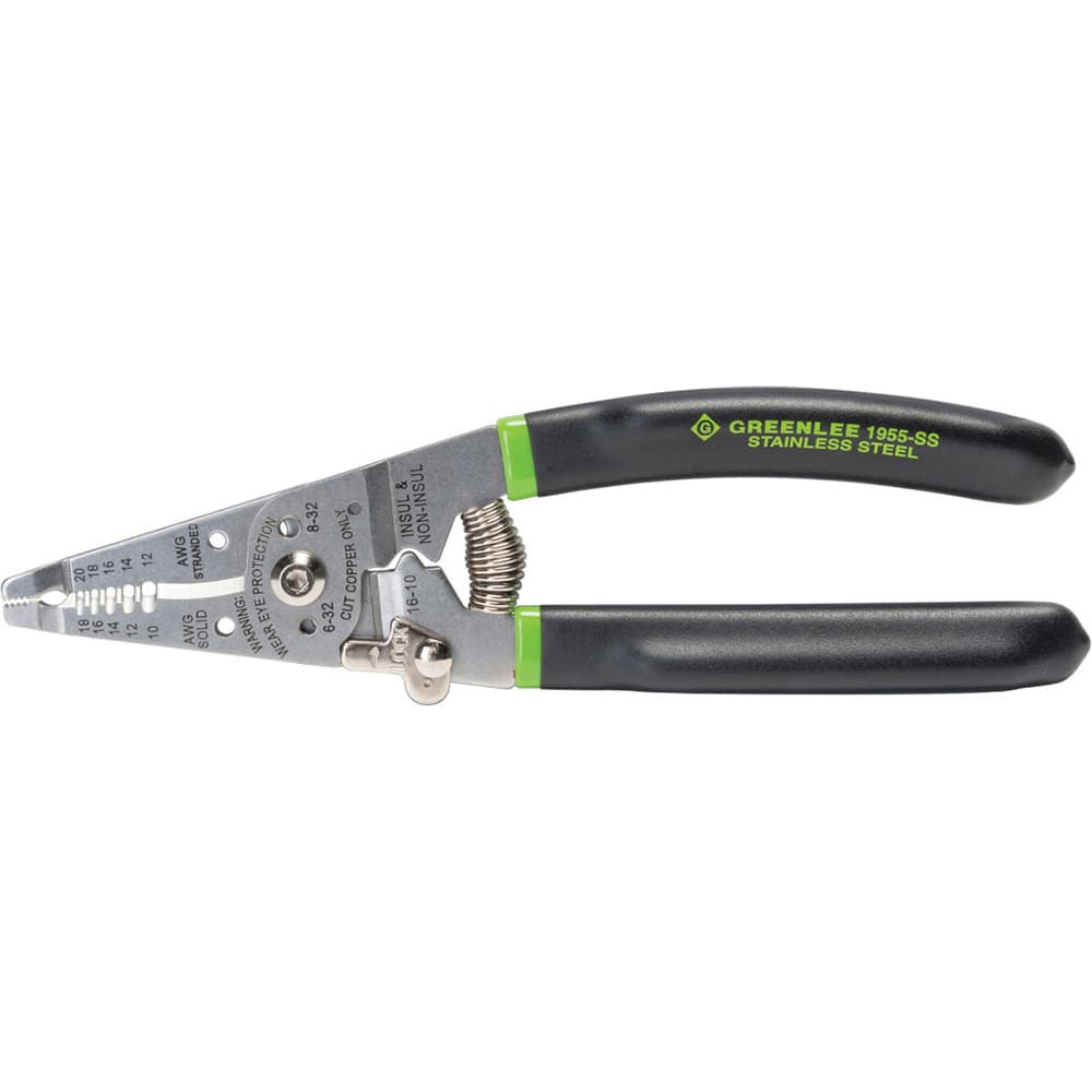 Greenlee - Wire & Cable Strippers; Type: Manual Fixed Hole Stripper/Cutter/Crimper w/ Spring and Lock ; Maximum Capacity: 18 AWG Solid, 20 AWG Stranded ; Minimum Wire Gage: 10 AWG ; Overall Length (Inch): 7-1/2 ; Wire Type: Solid & Stranded ; Handle Mate - Exact Tool & Supply