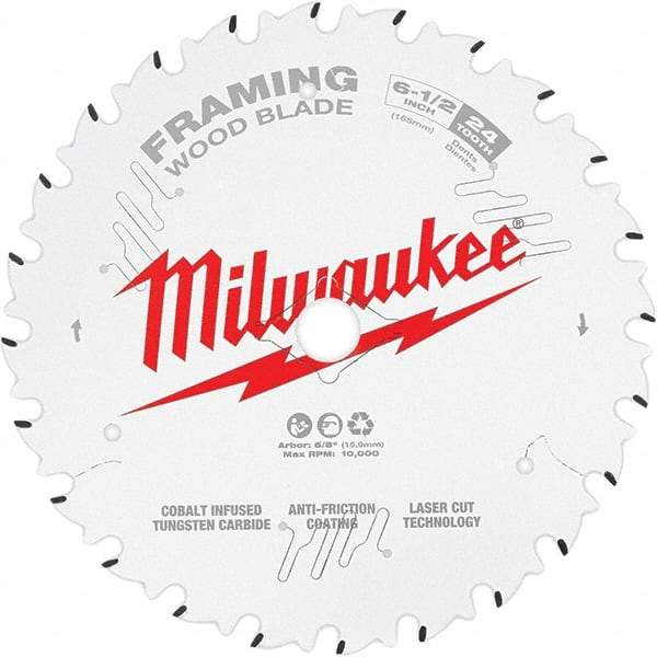 Milwaukee Tool - 6-1/2" Diam, 5/8" Arbor Hole Diam, 24 Tooth Wet & Dry Cut Saw Blade - Tungsten Carbide-Tipped, Framing Action, Standard Round Arbor - Exact Tool & Supply