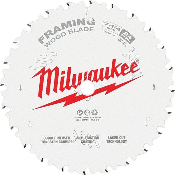 Milwaukee Tool - 7-1/4" Diam, 5/8" Arbor Hole Diam, 24 Tooth Wet & Dry Cut Saw Blade - Tungsten Carbide-Tipped, Framing Action, Standard Round Arbor - Exact Tool & Supply