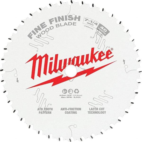 Milwaukee Tool - 7-1/4" Diam, 10mm Arbor Hole Diam, 40 Tooth Wet & Dry Cut Saw Blade - Tungsten Carbide-Tipped, Fine Finish Action, Standard Round Arbor - Exact Tool & Supply