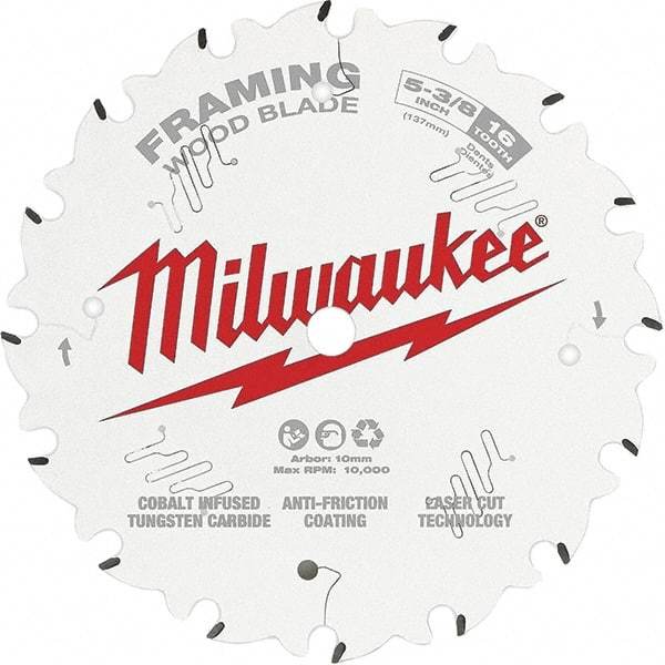 Milwaukee Tool - 5-3/8" Diam, 10mm Arbor Hole Diam, 16 Tooth Wet & Dry Cut Saw Blade - Tungsten Carbide-Tipped, Framing Action, Standard Round Arbor - Exact Tool & Supply